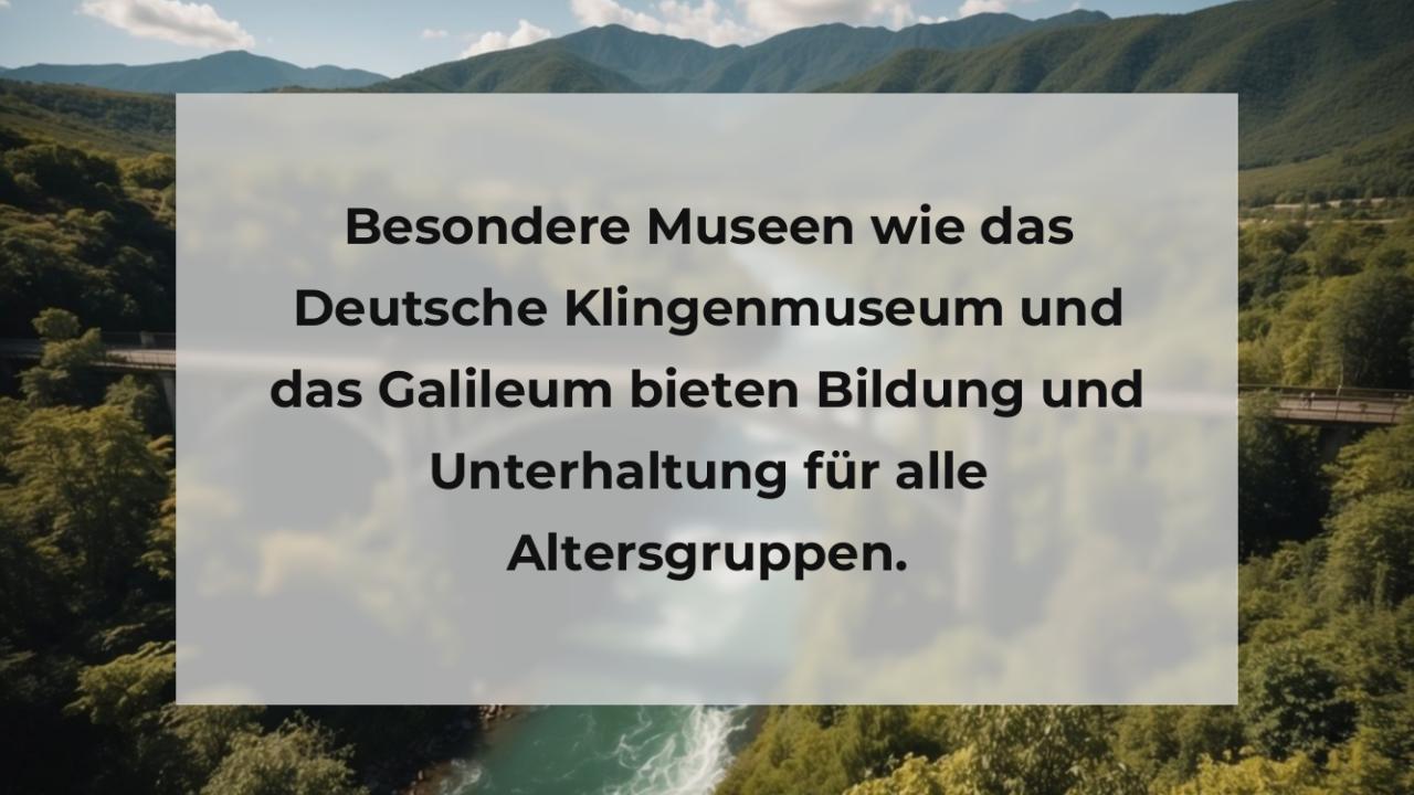 Besondere Museen wie das Deutsche Klingenmuseum und das Galileum bieten Bildung und Unterhaltung für alle Altersgruppen.