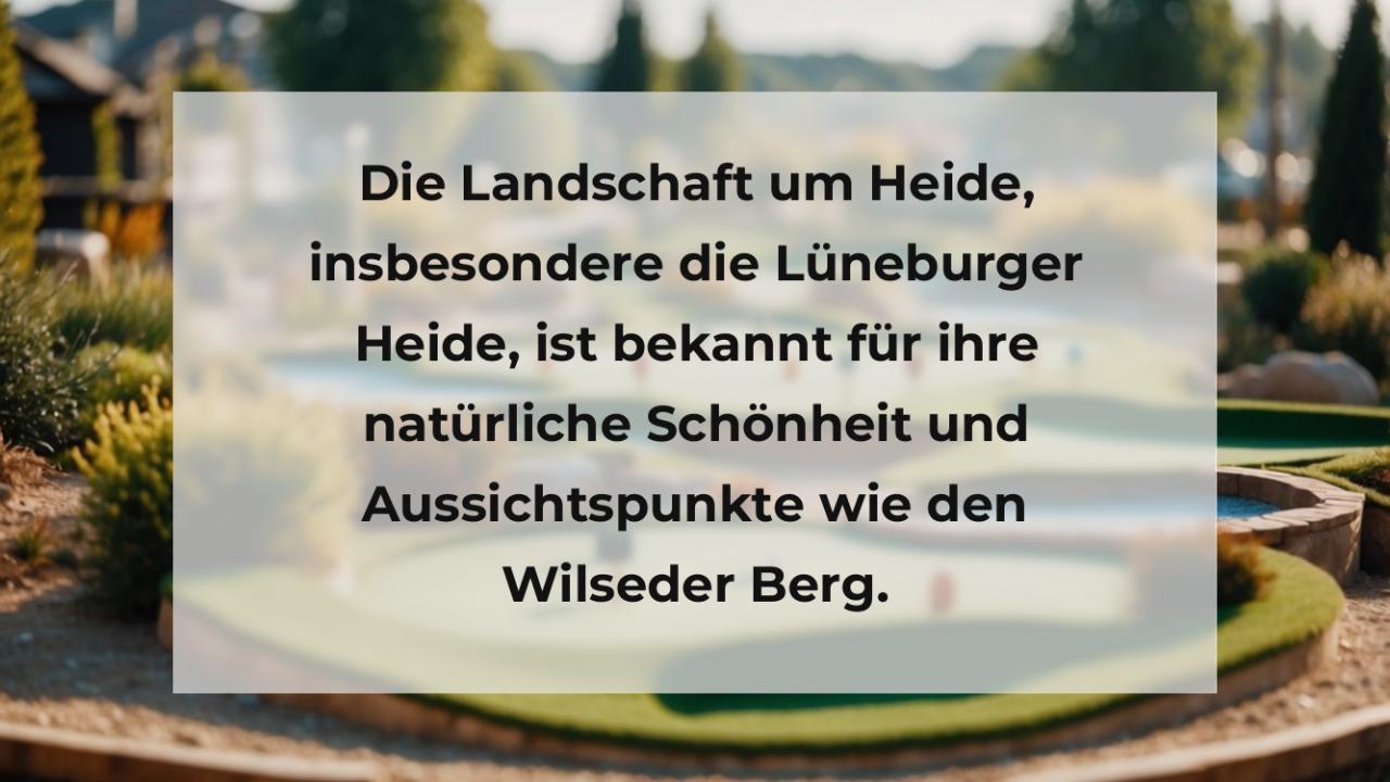 Die Landschaft um Heide, insbesondere die Lüneburger Heide, ist bekannt für ihre natürliche Schönheit und Aussichtspunkte wie den Wilseder Berg.