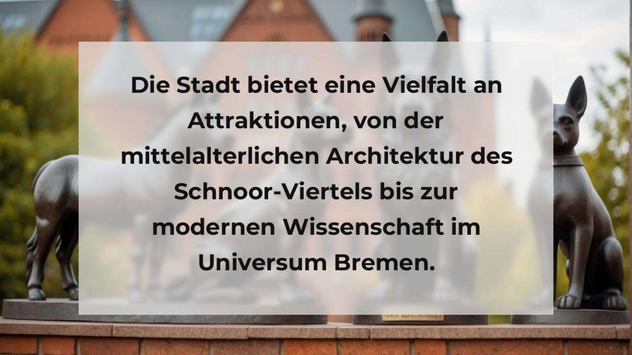 Die Stadt bietet eine Vielfalt an Attraktionen, von der mittelalterlichen Architektur des Schnoor-Viertels bis zur modernen Wissenschaft im Universum Bremen.