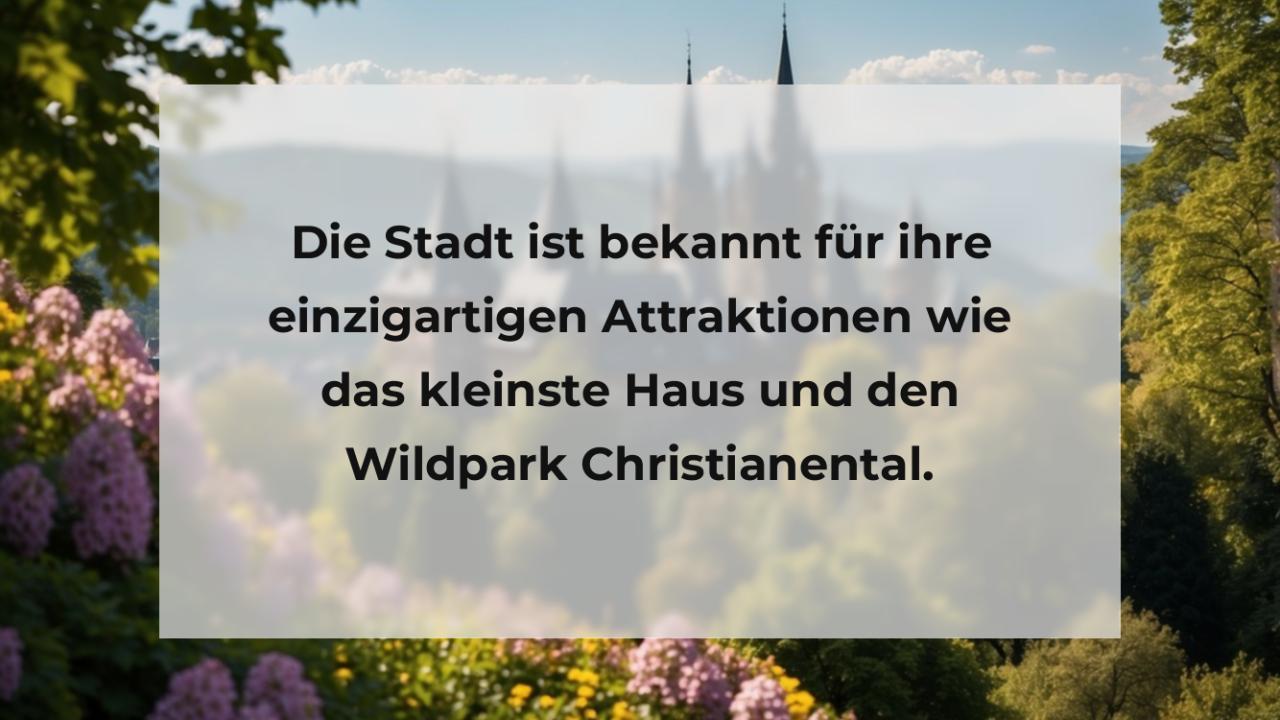 Die Stadt ist bekannt für ihre einzigartigen Attraktionen wie das kleinste Haus und den Wildpark Christianental.