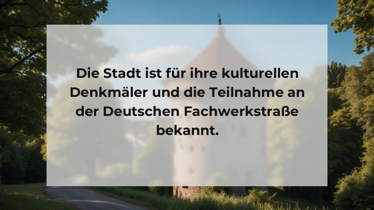 Die Stadt ist für ihre kulturellen Denkmäler und die Teilnahme an der Deutschen Fachwerkstraße bekannt.