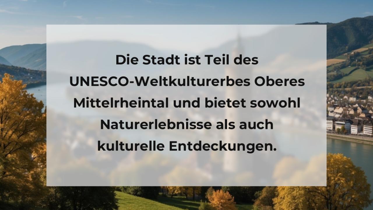 Die Stadt ist Teil des UNESCO-Weltkulturerbes Oberes Mittelrheintal und bietet sowohl Naturerlebnisse als auch kulturelle Entdeckungen.