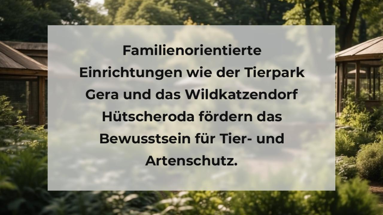 Familienorientierte Einrichtungen wie der Tierpark Gera und das Wildkatzendorf Hütscheroda fördern das Bewusstsein für Tier- und Artenschutz.