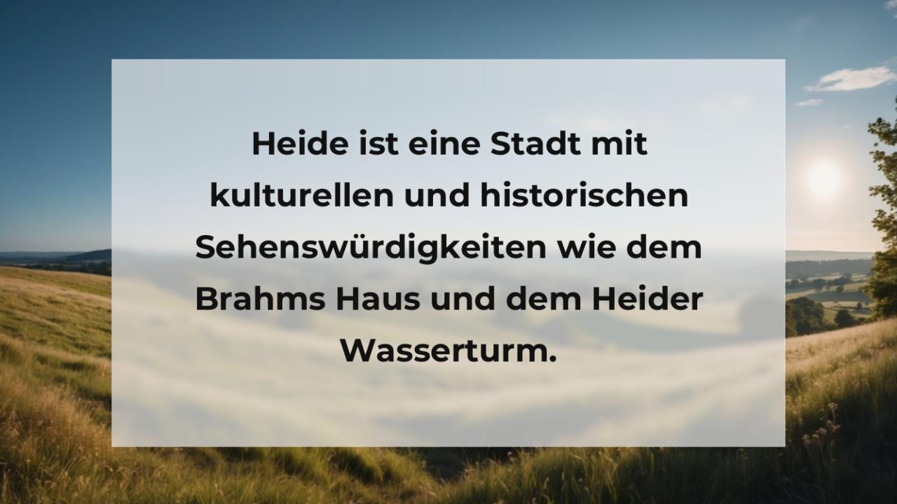 Heide ist eine Stadt mit kulturellen und historischen Sehenswürdigkeiten wie dem Brahms Haus und dem Heider Wasserturm.