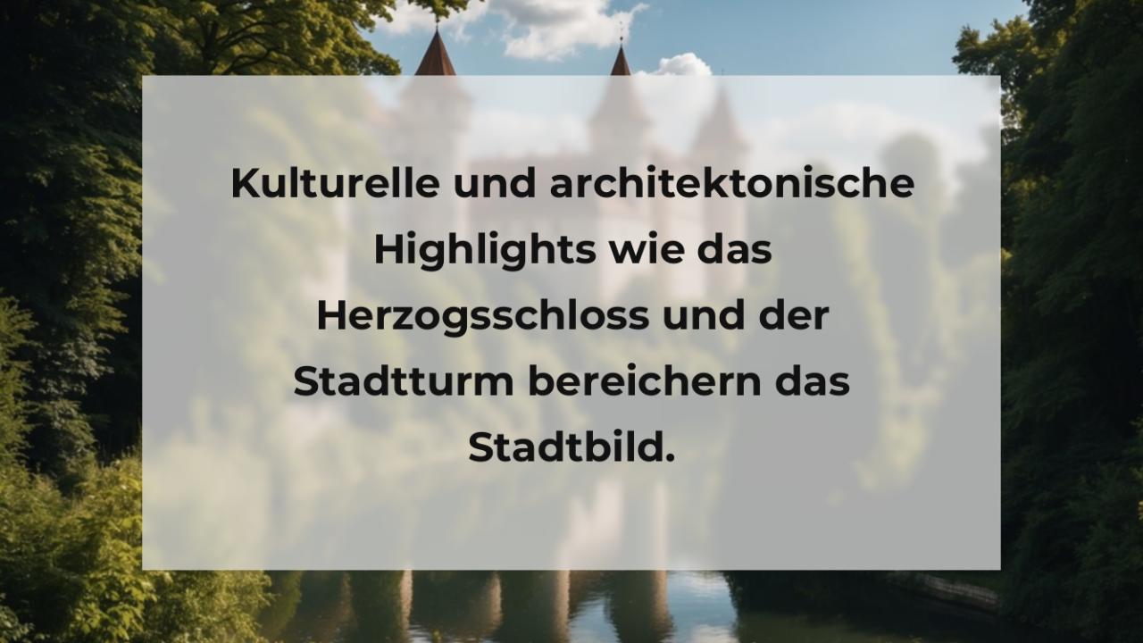 Kulturelle und architektonische Highlights wie das Herzogsschloss und der Stadtturm bereichern das Stadtbild.