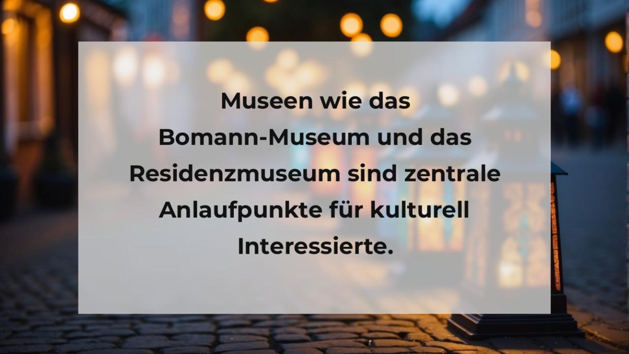 Museen wie das Bomann-Museum und das Residenzmuseum sind zentrale Anlaufpunkte für kulturell Interessierte.