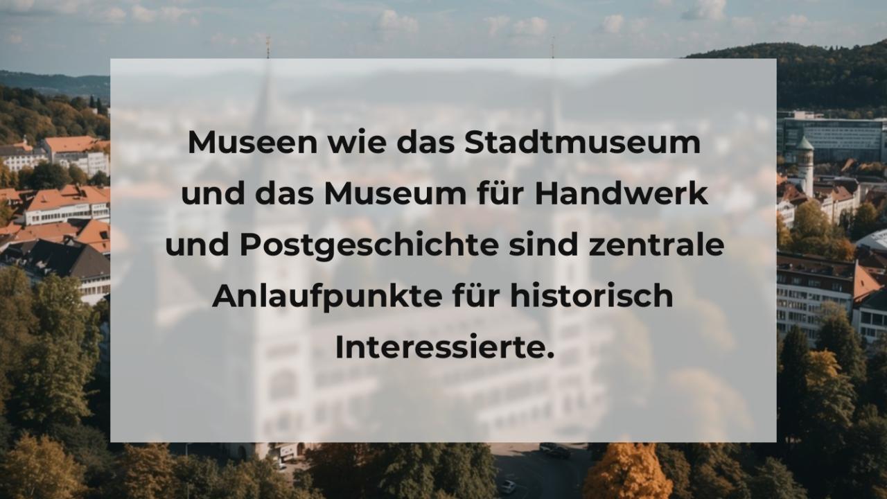 Museen wie das Stadtmuseum und das Museum für Handwerk und Postgeschichte sind zentrale Anlaufpunkte für historisch Interessierte.