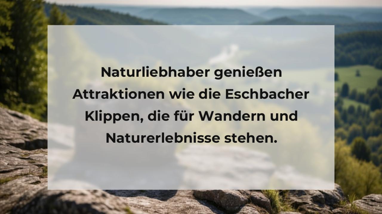 Naturliebhaber genießen Attraktionen wie die Eschbacher Klippen, die für Wandern und Naturerlebnisse stehen.